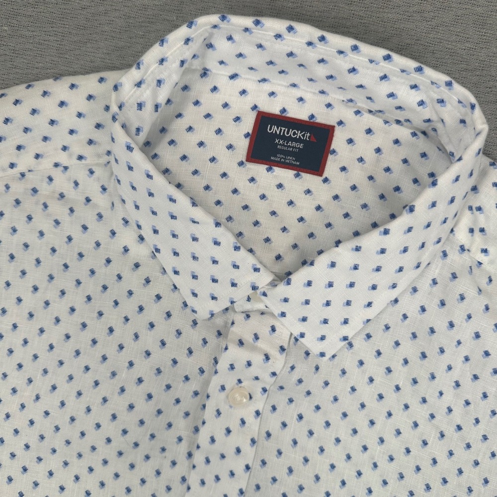 UNTUCKit Linen Shirt Mens XXL White Blue Geometric AOP Short Sleeve Breathable